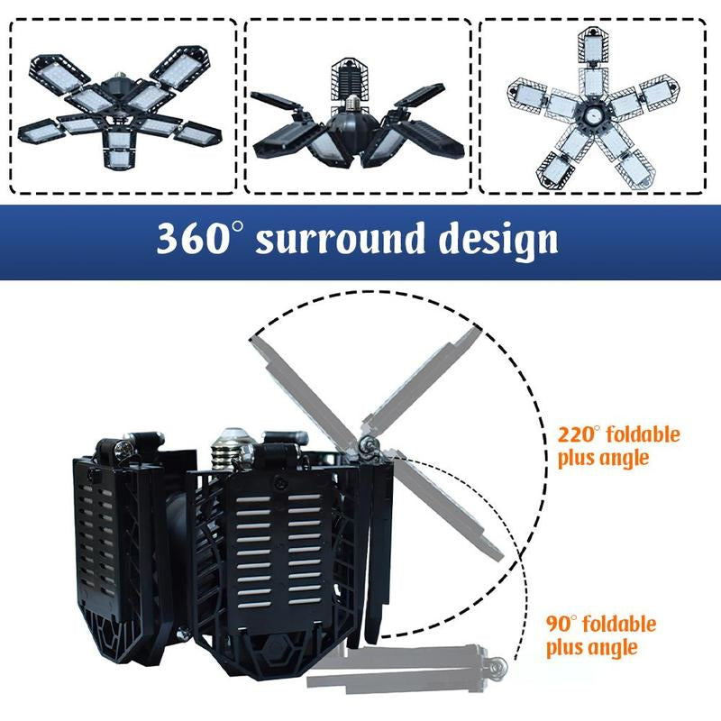 600W LED Garage Lights,Deformable LED Garage Ceiling Lights 22000LM E26/E27 Garage Lighting with 10+1 Adjustable Panels 6500K Daylight Light
