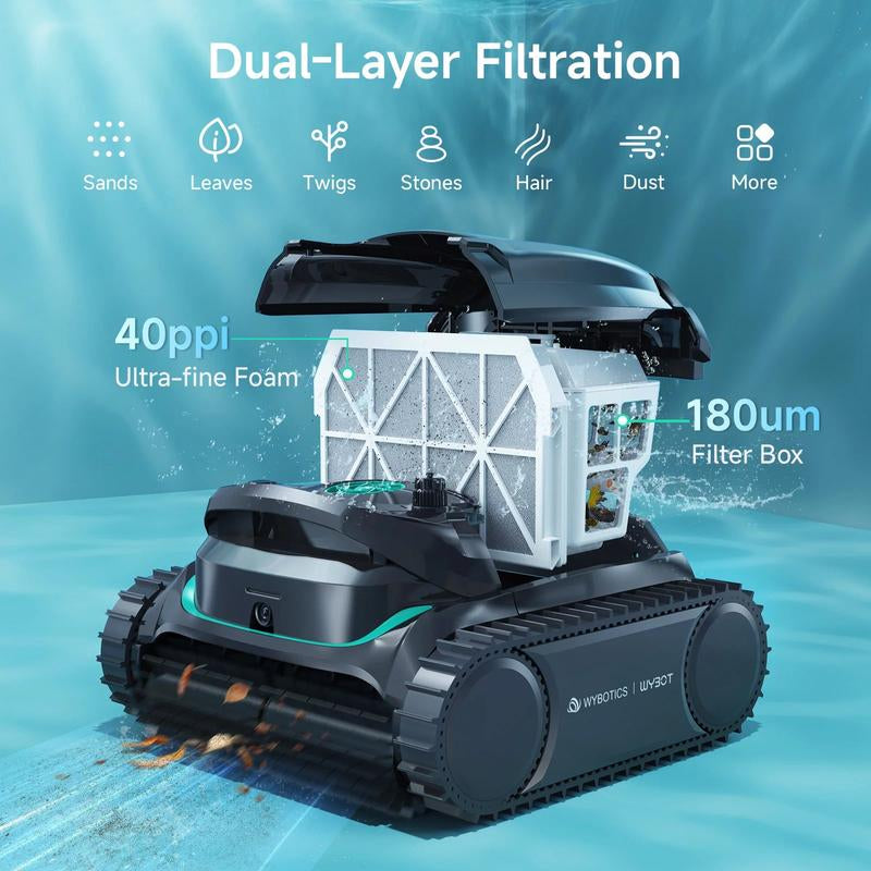 WYBOT M2 AI Camera Robotic Pool Vacuum Cleaner, 8 Modes & 7 Paths, Dual Filtration, App Control, 120W Brushless Motor, 10,000Mah Battery, 300Mins Runtime, Covers 4,305 Sq.Ft, Black&Green