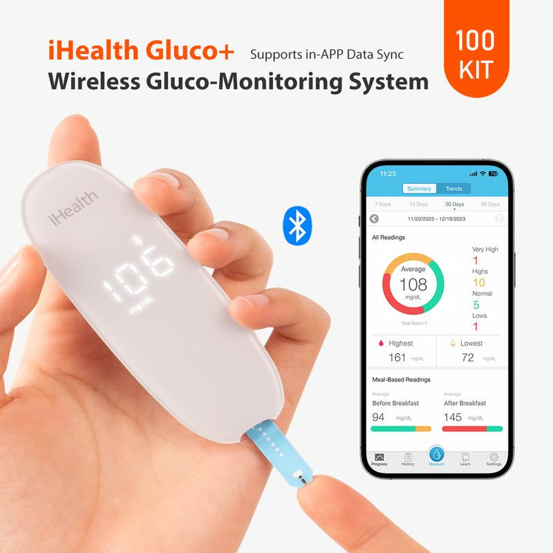 Ihealth Blood Sugar Monitor Portable Glucose Meter Free App Finger Glucose Test Diabetes Accessories Strips Lancets Lancing Device Healthcare Kit