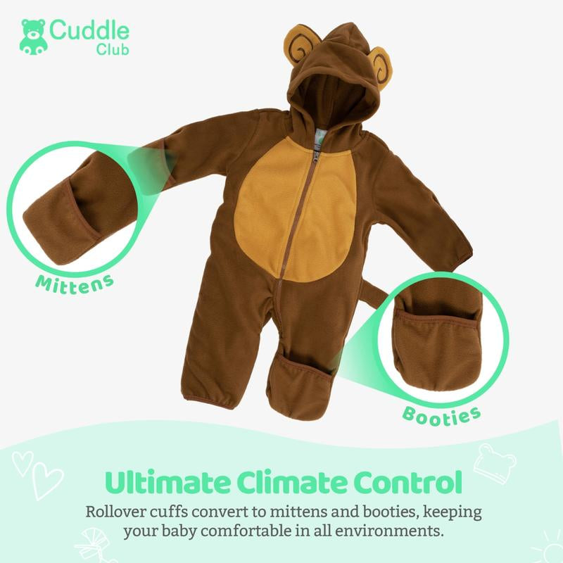 Cuddle Club Monkey Fleece Baby Bunting Bodysuit Infant One Piece Kids Hooded Romper Outerwear Toddler Babyclothes