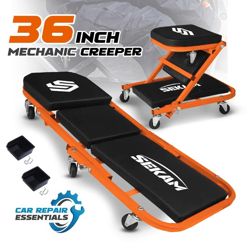 BEST GIFT for Car Guys - 2-In-1 Rolling Creeper Seat 36" Low-Profile, 300LBS Capacity in Orange & Green