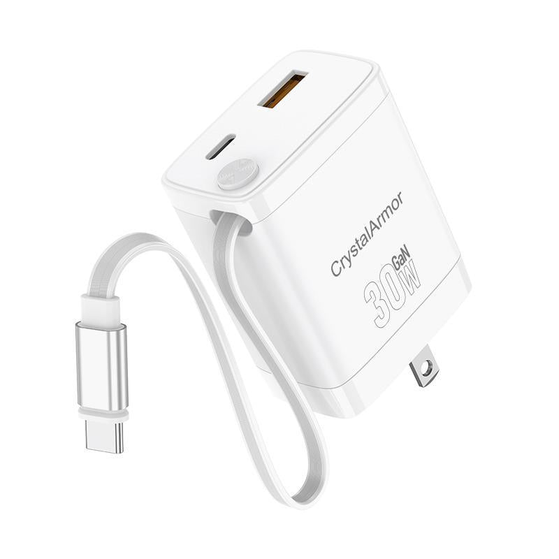 Crystalarmor 30W USB C Charger Block with Retractable Type C Cable and Dual Port Travel Charger (Gan3), PD PPS Fast Charging Foldable Wall Charger for Macbook,Lenovo Ideapad,Iphone 16 Pro Max,Galaxy S24 and More Smartphone Cellphone Electronic Folding