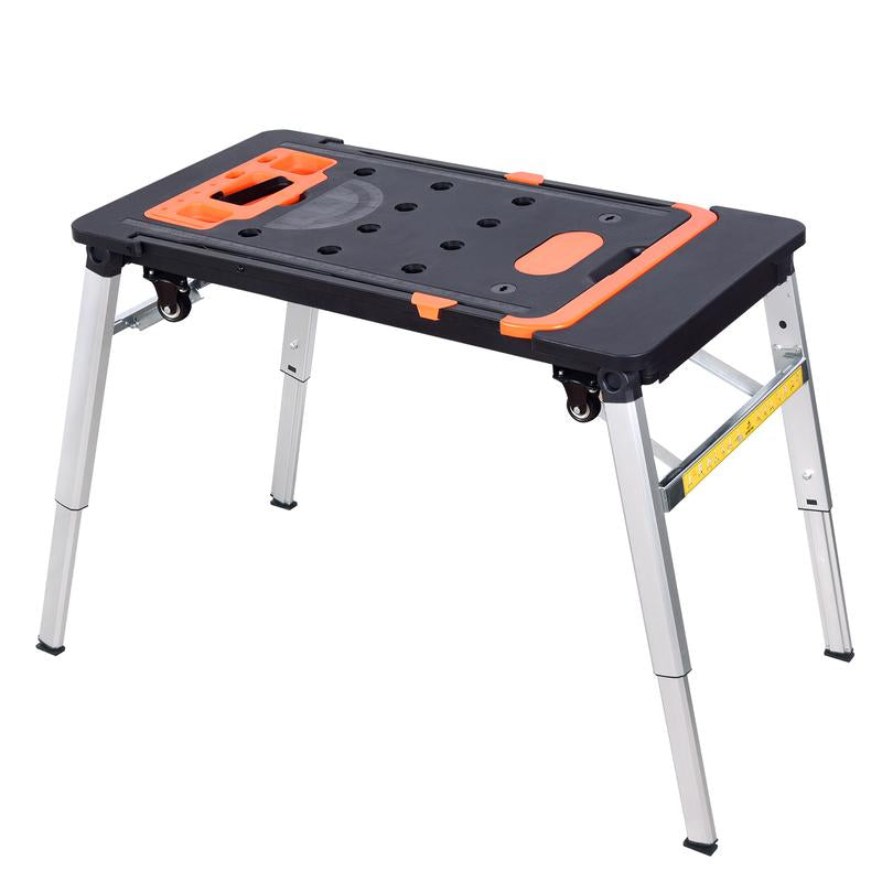 LEADALLWAY 7-In-1 Folding Portable Workbench Painted Work Table as Workbench, Scaffold,Platform,Sawhorse,Car Creeper and Hand Truck with 4 Wheels