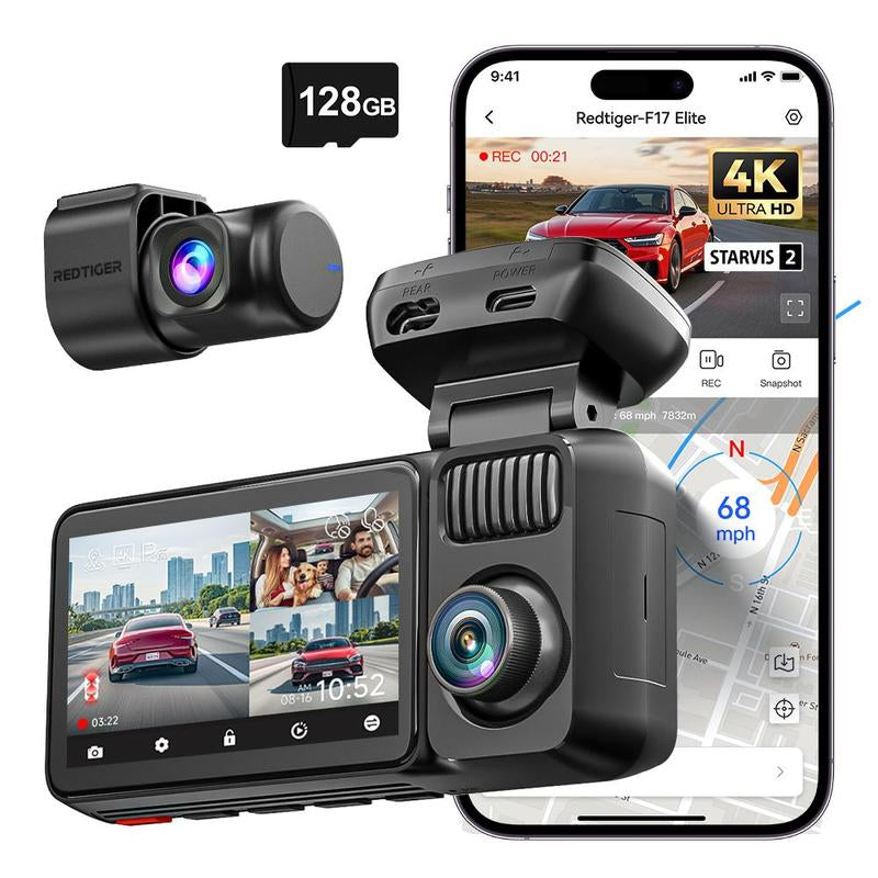 REDTIGER F17 Elite 3-Channel Dashcam 4K+1080+2.5K Ultra HD + Dual STARVIS 2 & HDR for Full Night Color. 5.8G Wifi, 3-Inch Touch Screen & 24H Parking Surveillance