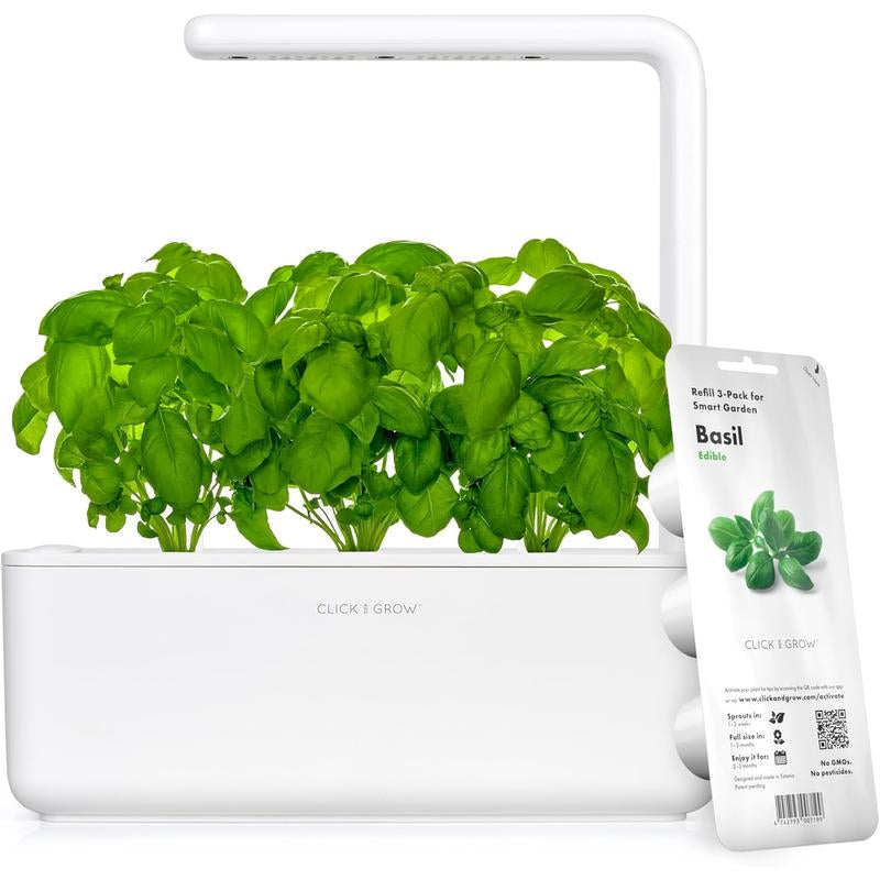 Click & Grow Indoor Herb Garden Kit with Grow Light | Smart Garden for Home Kitchen Windowsill | Easier than Hydroponics Growing System | Vegetable Gardening Starter (3 Basil Pods Included), White Click and Grow