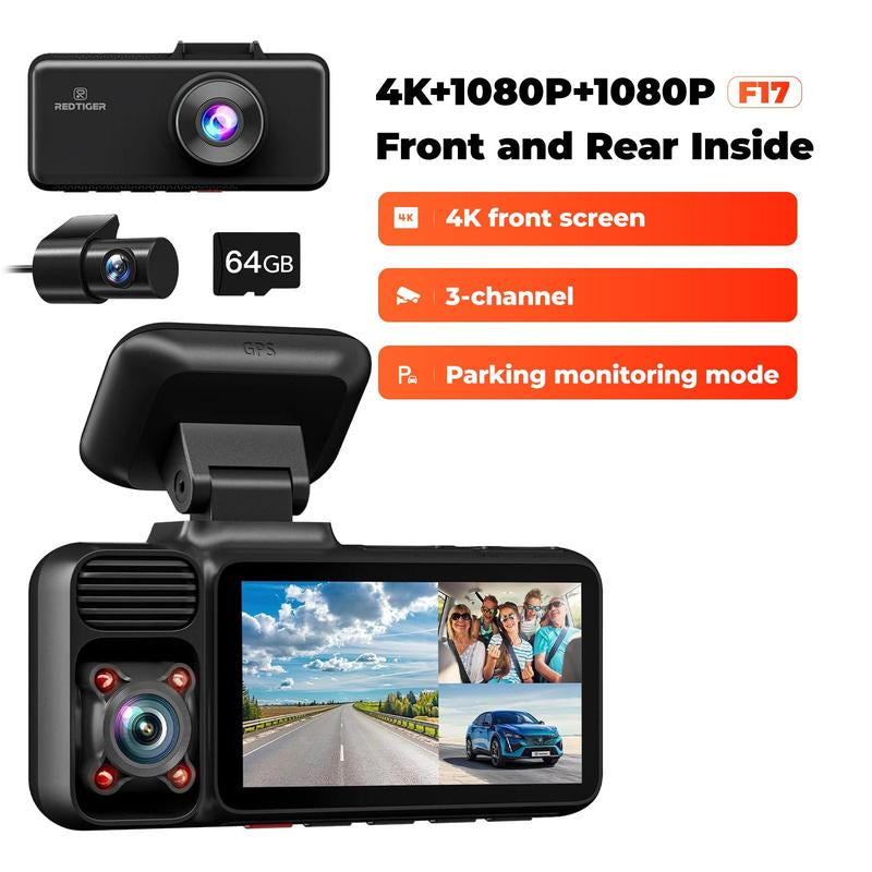 REDTIGER F17 Elite 3-Channel Dashcam 4K+1080+2.5K Ultra HD + Dual STARVIS 2 & HDR for Full Night Color. 5.8G Wifi, 3-Inch Touch Screen & 24H Parking Surveillance