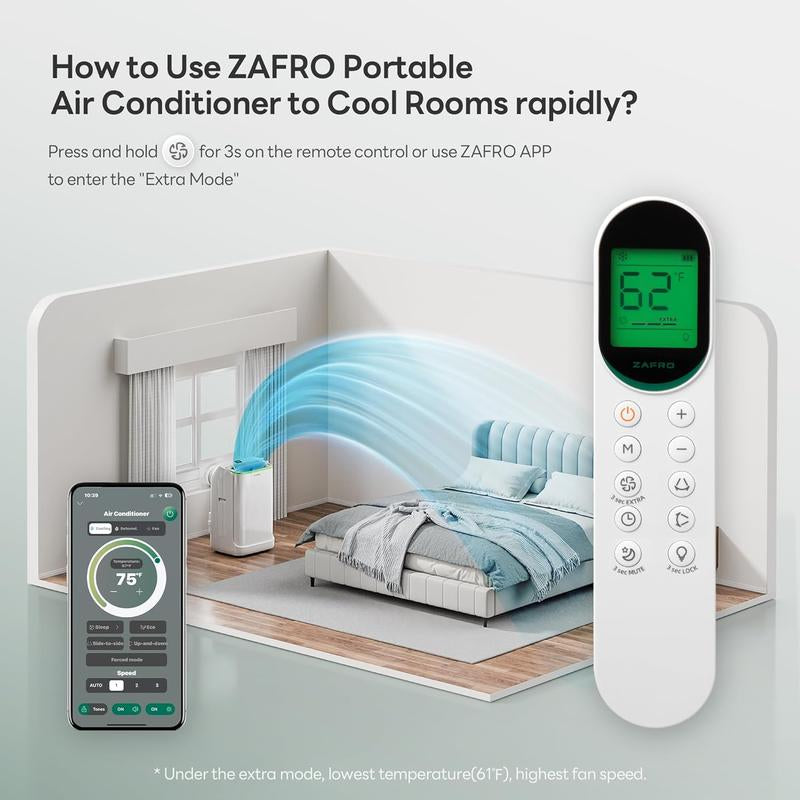ZAFRO 14,000 BTU/16,000 BTU Portable Air Conditioners, Ultra Quiet(42Db) Dual Duct Smart AC with Drainage-Free Cooling/24Hrs Timer/App/Remote/Cool, Fan & Dehumidifier Modes for Indoor Rooms