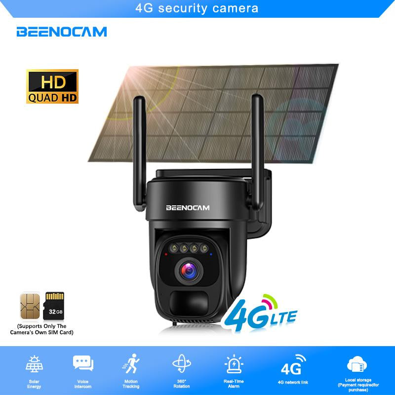 Solar Surveillance 4G LTE Cellular Security Camera Wireless Outdoor Camera, No Wifi Required, Includes 32G Sd&Dummy SIM Card, Solar Powered 360°PTZ, with PIR Motion Detection, 2K Full Color Night Vision, Two-Way Conversation, Alarm Function, IP66