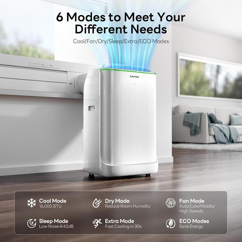 ZAFRO 14,000 BTU/16,000 BTU Portable Air Conditioners, Ultra Quiet(42Db) Dual Duct Smart AC with Drainage-Free Cooling/24Hrs Timer/App/Remote/Cool, Fan & Dehumidifier Modes for Indoor Rooms