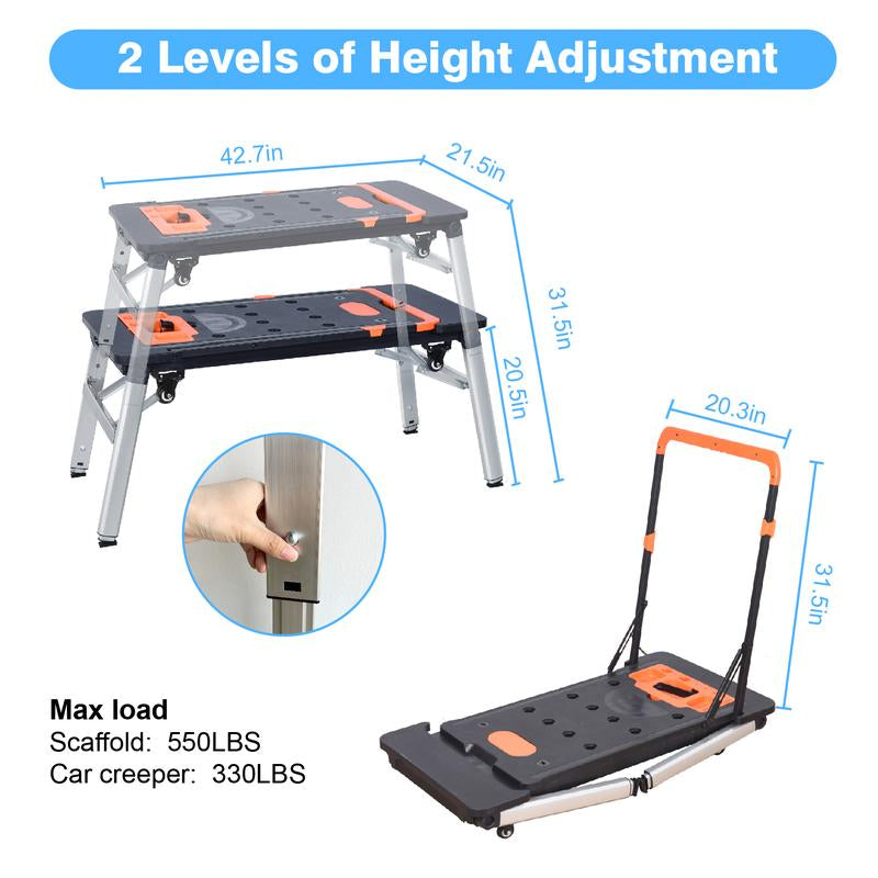 LEADALLWAY 7-In-1 Folding Portable Workbench Painted Work Table as Workbench, Scaffold,Platform,Sawhorse,Car Creeper and Hand Truck with 4 Wheels