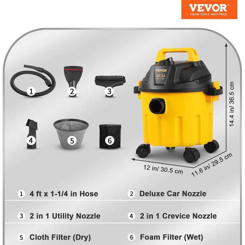 VEVOR Wet Dry Vac, Max 8 Gallon, 6 Peak HP, 3 in 1 Shop Vacuum with Blowing Function, Portable with Attachments to Clean Floor, Upholstery, Gap, Car, ETL Listed