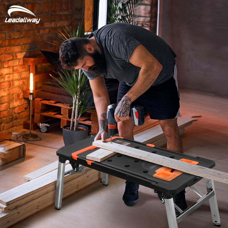 LEADALLWAY 7-In-1 Folding Portable Workbench Painted Work Table as Workbench, Scaffold,Platform,Sawhorse,Car Creeper and Hand Truck with 4 Wheels