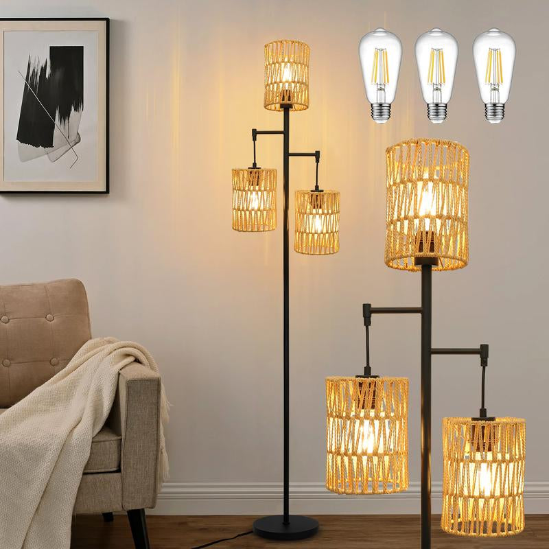 Demilare Boho Floor Lamp, Farmhouse Rattan Floor Lamp for Living Room, Corner Tree Floor Lamps, Mid Century Modern Floor Lamp with Designer Shades & Heavy Base, Rustic Standing Tall Lamp for Bedroom, Office,Dining Room, Halloween, Black Friday, Christmas