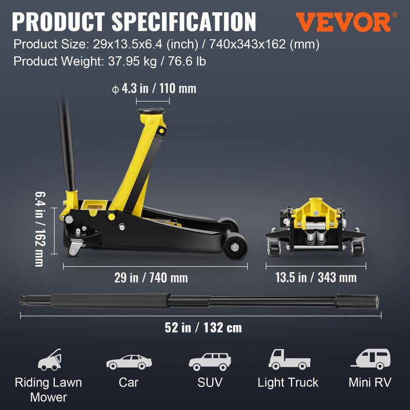 VEVOR Low Profile Floor Jack 4 Ton Heavy Duty Steel Dual Piston Rapid Pump Portable Car Wheel