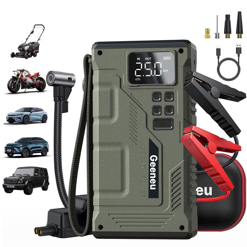 Geeneu 16800Mah Portable Car Jump Starter with Air Compressor 6000A Peak (10.0L Gas, 9.0L Diesel) 150 PSI Tire Inflator, LED Light, 12V Car Battery Jump Power Vehicle Safety Electronic Tool Cable Lcd Screen Usb Tire Pressure Monitoring Car Essentials