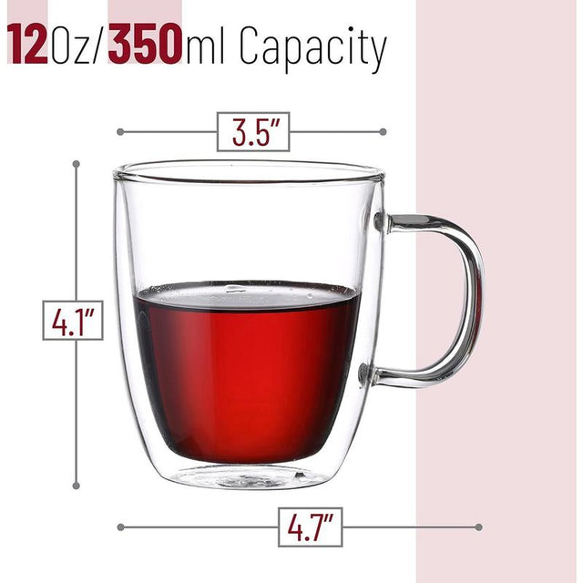 Double Wall Glass Tea and Coffee Mugs (Set of 4, 12Oz) – Insulated Clear Drinkware